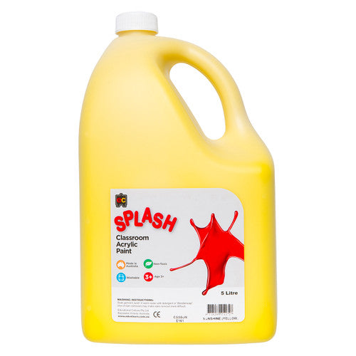 Educational Colours Splash Classroom Acrylic Paint 5L Sunshine Yellow. Educational Colours Splash Classroom Acrylic Paint 5L bottle in Sunshine Yellow.