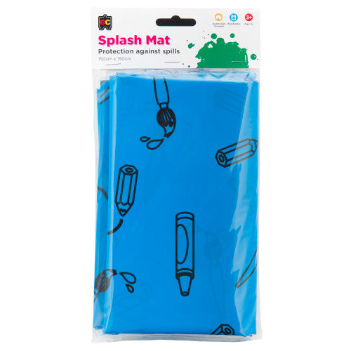 Educational Colours Splash Mat 150cm x 150cm. Heavy-duty plastic splash mat in a classroom art setting protecting the floor from paint spills.