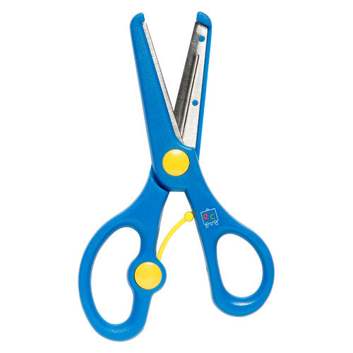Close-up of Educational Colours EVSS100 safety scissors showing 50mm steel blade and spring mechanism