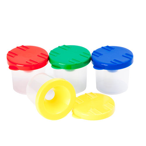 Educational Colours Stubby Safety Paint Pot set of 4 showing red, blue, yellow and green pots with three-part lids, each 8.5cm in height and diameter