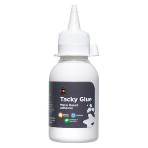 Educational Colours Tacky Glue Water Based Adhesive 125ml. Educational Colours Tacky Glue 125ml clear-drying water based craft adhesive bottle.