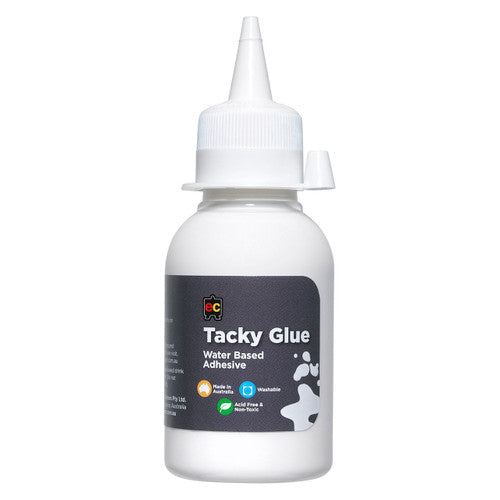 Educational Colours Tacky Glue Water Based Adhesive 125ml. Educational Colours Tacky Glue 125ml clear-drying water based craft adhesive bottle.