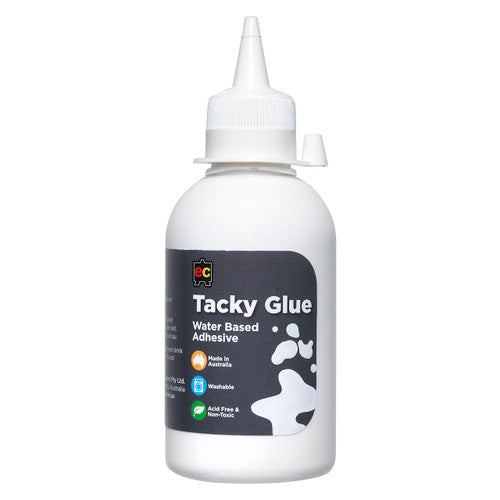 Educational Colours Tacky Glue Water Based Adhesive 250ml. Educational Colours Tacky Glue 250ml water-based clear-drying craft adhesive bottle.