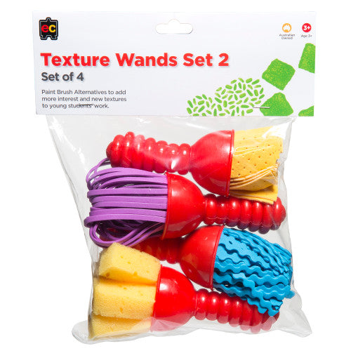 Educational Colours Texture Wands Set 2 - four 15cm wands with foam zigzag, foam noodle, chamois and sponge strip textures