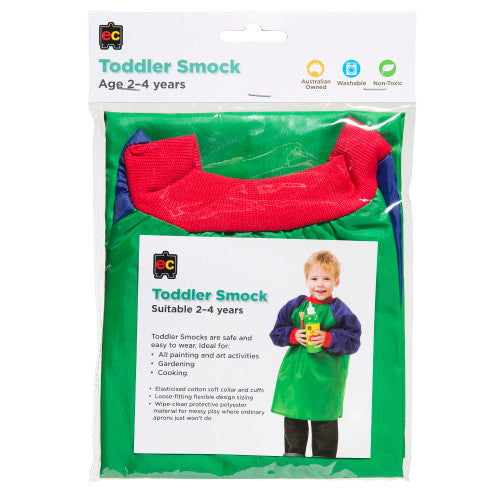 Educational Colours Toddler Smock Green and Blue Ages 2-4. Educational Colours Toddler Smock in green and blue, front view, showing full length coverage.