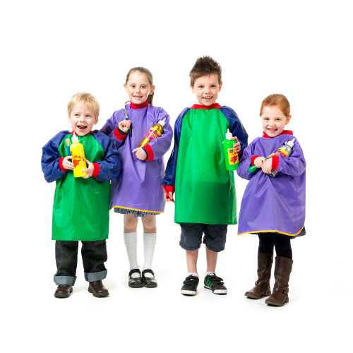 Educational Colours Toddler Smock Green and Blue Ages 2-4. Velcro back fastening detail on the Educational Colours Toddler Smock green and blue.
