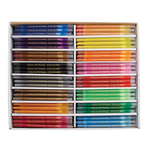 Educational Colours Twist-It Crayons Box of 240. Close-up of Educational Colours Twist-It Crayon with clear barrel and twist-up mechanism.