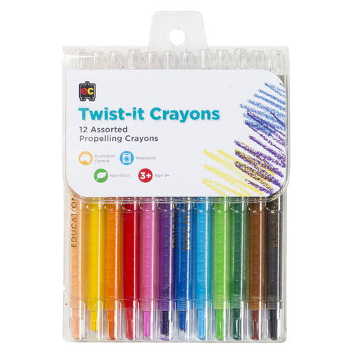 Educational Colours Twist-It Crayons pack of 12 bright colours with twist-up design and clear barrel, each measuring 146mm x 5.8mm