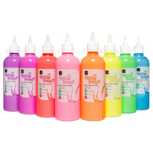 Educational Colours UV Glow Paint 500ml Assorted Colours Set of 8. Educational Colours UV Glow Paint 500ml bottles in assorted colours, set of 8.