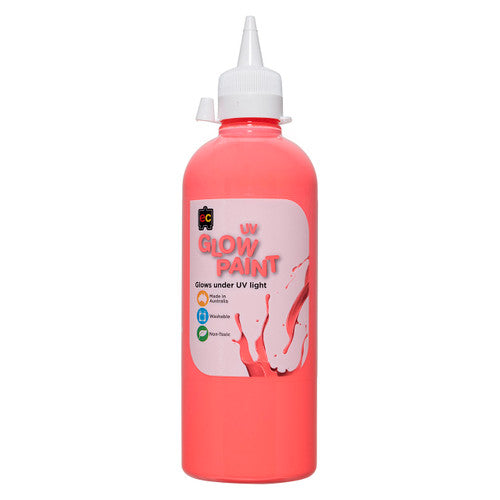 Educational Colours UV Glow Paint 500ml Scarlet. Educational Colours UV Glow Paint 500ml bottle in scarlet, shown upright against a white background.
