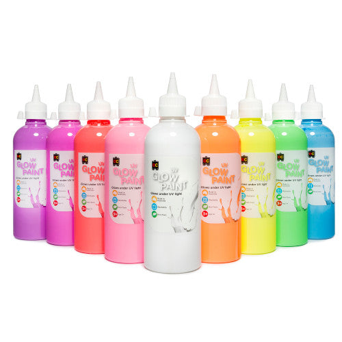 Educational Colours UV Glow Paint 500ml Scarlet. Scarlet UV glow paint from Educational Colours glowing under ultra-violet light in a dark setting.