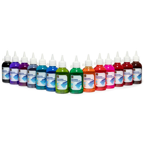 Close-up of Educational Colours 250ml Turquoise Watercolour paint bottle label showing non-toxic and Australian-made details