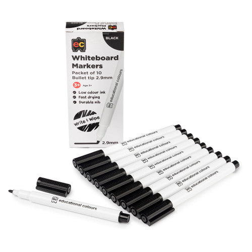 Educational Colours Whiteboard Markers Thin Black Pack of 10. Educational Colours thin black whiteboard markers with 2.9mm fine bullet nib, pack of 10.