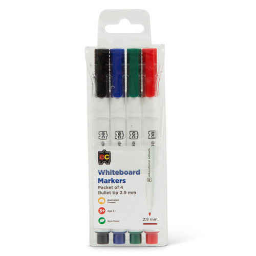 Educational Colours Whiteboard Markers Thin set of 4 with fine 2.9mm bullet nib in Black, Blue, Green and Red