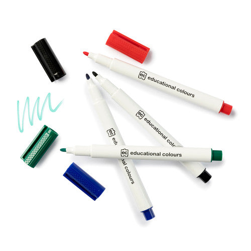 Educational Colours Whiteboard Markers Thin Set of 4. Close-up of Educational Colours thin whiteboard marker showing fine bullet nib tip.