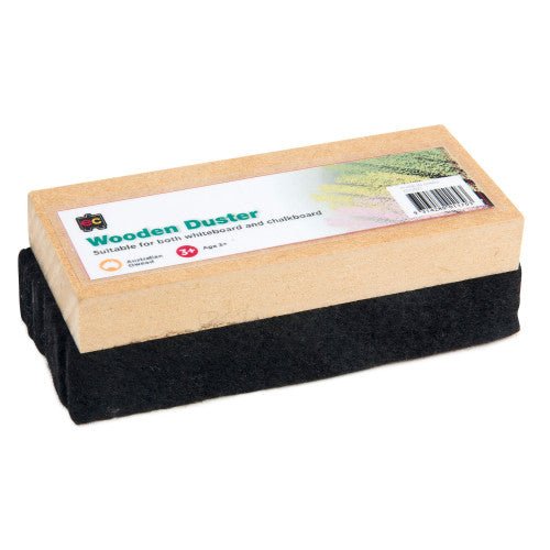 Close-up of Educational Colours Wooden Duster showing wooden handle and hard-wearing felt cleaning surface