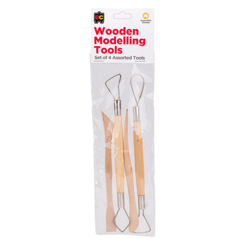 Educational Colours Wooden Modelling Tools Set of 4. Close-up of wooden modelling tools for clay and dough sculpting from Educational Colours.