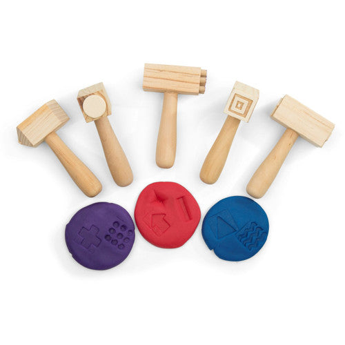 Educational Colours Wooden Pattern Hammer Set of 5. Close-up of double-sided wooden hammer showing patterned impressions on both faces.