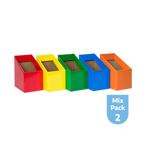 Elizabeth Richards Book Box Mixed Pack 2 showing five coloured boxes in Red, Light Blue, Yellow, Green and Orange
