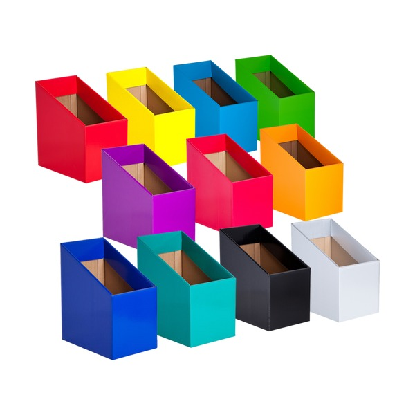 Five light blue book boxes arranged in a row