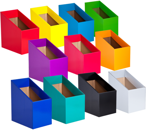 Five red book boxes arranged together for classroom or office storage