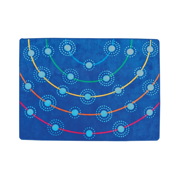 Top-down view of Elizabeth Richards Campfire Rug in a classroom setting