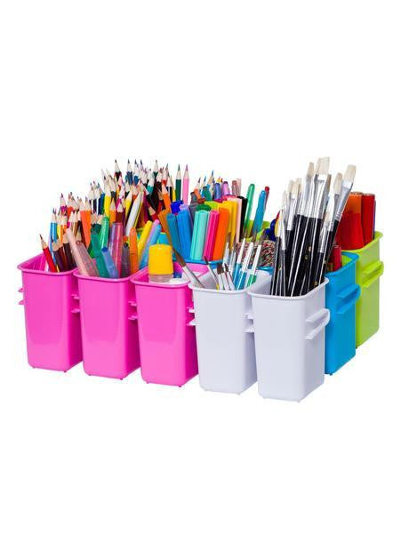 Lime green connector tub filled with classroom stationery supplies