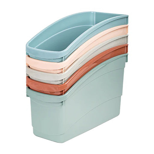 Side profile of Elizabeth Richards Snow Gum plastic book tub showing outside dimensions