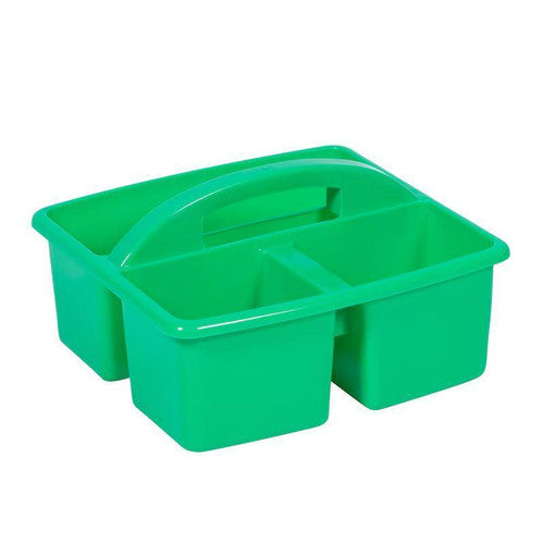 Elizabeth Richards small green plastic caddy with three storage sections, front view