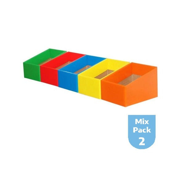Elizabeth Richards Story Box Mixed Pack 2 showing 5 laminated boxes in Red, Light Blue, Yellow, Green and Orange