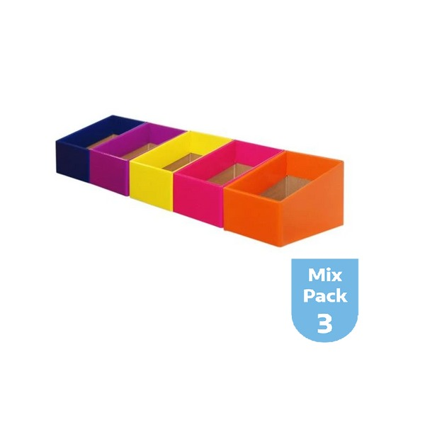 Elizabeth Richards Story Box Mixed Pack 3 showing five laminated boxes in Purple, Magenta, Orange, Blue and Yellow