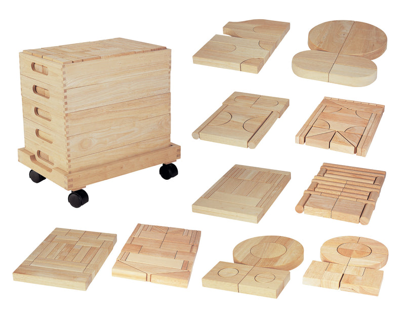 Wooden unit block set of 192 natural rubberwood blocks arranged in four wooden trays stacked on a mobile trolley frame, showing squares, arches, pillars and ramps.