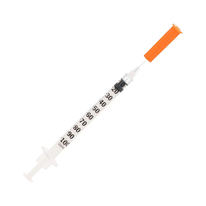 Embecta Ultra-Fine insulin syringe box of 100 shown beside a single clear 1mL syringe with orange plunger and capped 31 gauge 6mm needle, white and teal retail carton on a plain background