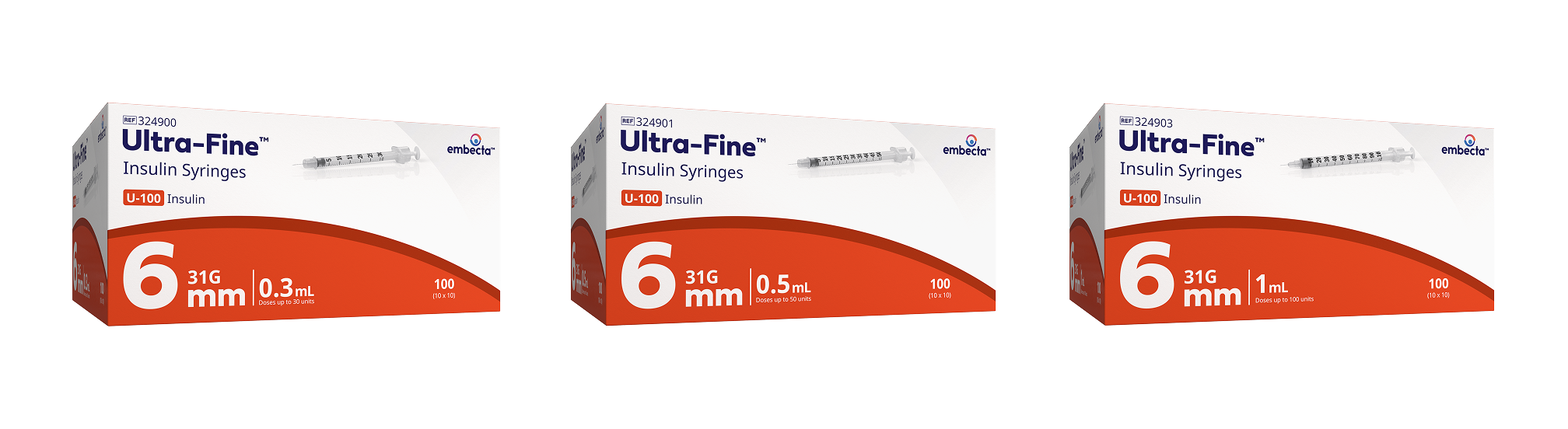Group shot of the Embecta Ultra-Fine insulin syringe range showing 1mL, 0.5mL and 0.3mL barrels side by side with orange needle caps and printed unit graduations on a white background