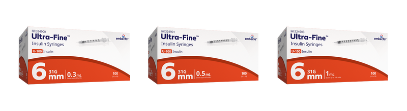 Group shot of the Embecta Ultra-Fine insulin syringe range showing 1mL, 0.5mL and 0.3mL barrels side by side with orange needle caps and printed unit graduations on a white background