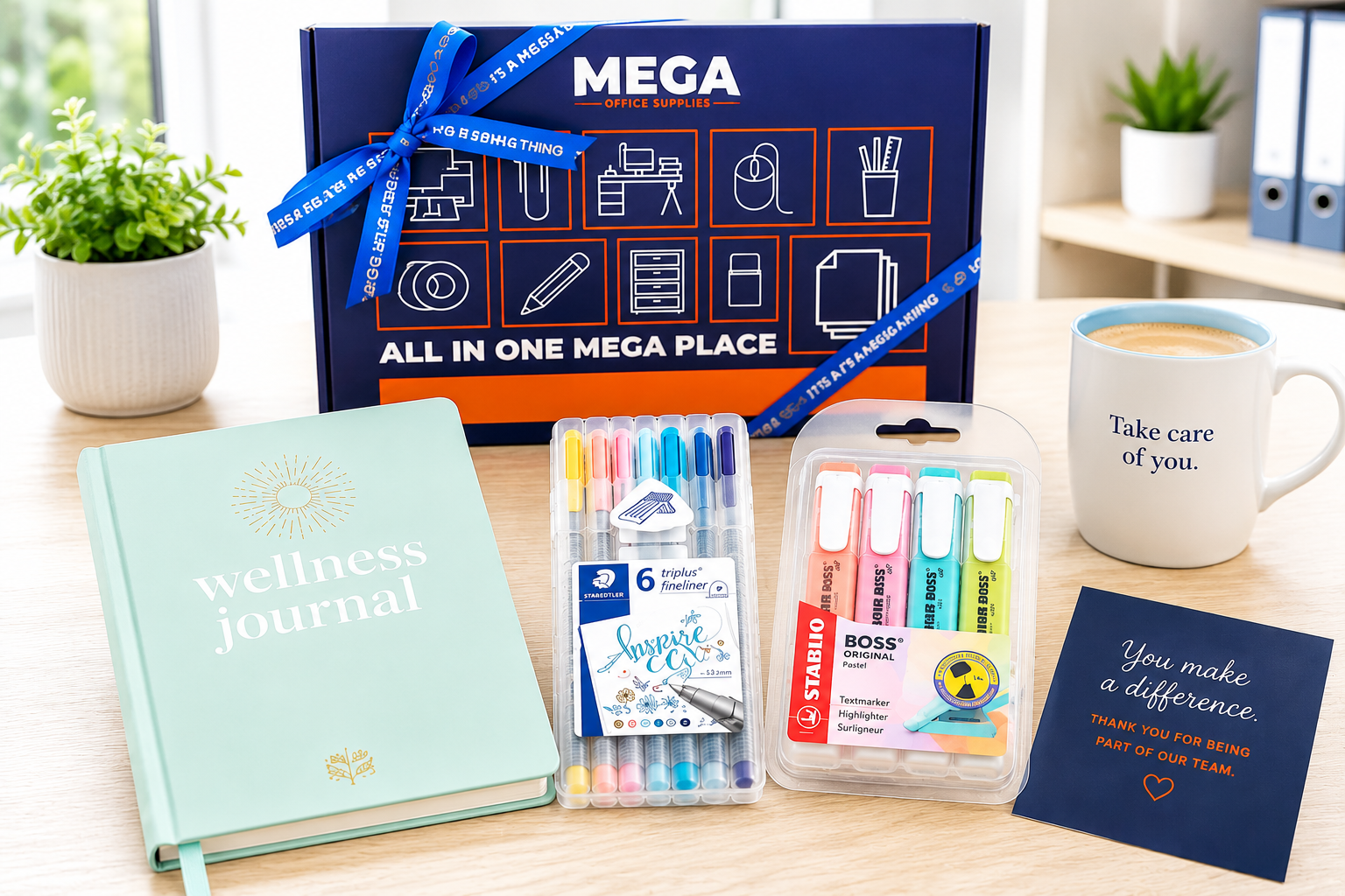 A desk setup featuring a mint green wellness journal, a large blue 'MEGA' stationery box with a blue ribbon, a pack of multicolor gel pens, a pack of pastel highlighters, a navy card reading 'You make a difference', and a white mug that says 'Take care of you'.