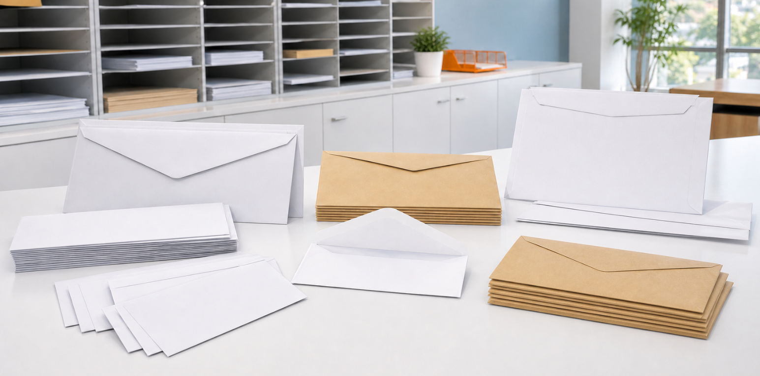 A collection of white and kraft brown envelopes and letter cards neatly arranged on a white desk in a bright, modern office setting.