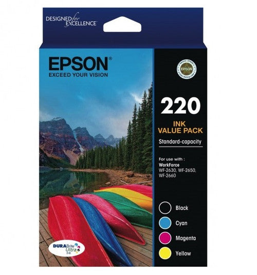 Epson 220 Standard Capacity DURABrite Ultra Ink Value Pack containing four cartridges in Black, Cyan, Magenta and Yellow