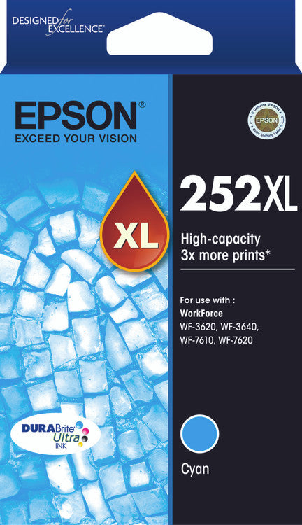 Epson 252XL high yield cyan ink cartridge with DURABrite Ultra pigment technology for WorkForce printers