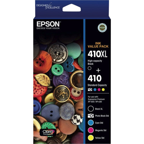 Epson 410XL high-yield black and 410 standard colour ink cartridge value pack, 5 cartridges including Photo Black, Cyan, Magenta and Yellow