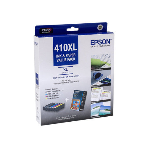 Epson 410XL Claria Premium high-yield ink value pack with 5 cartridges and 20 sheets of 4x6in glossy photo paper
