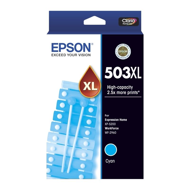 Epson 503XL cyan ink cartridge box shown front-on, with 503XL, a red XL ink-drop badge and High-capacity 2.5x more prints on the front, plus the Exceed Your Vision tagline, the round genuine Epson seal, the Claria Home Ink badge and the cyan colour dot