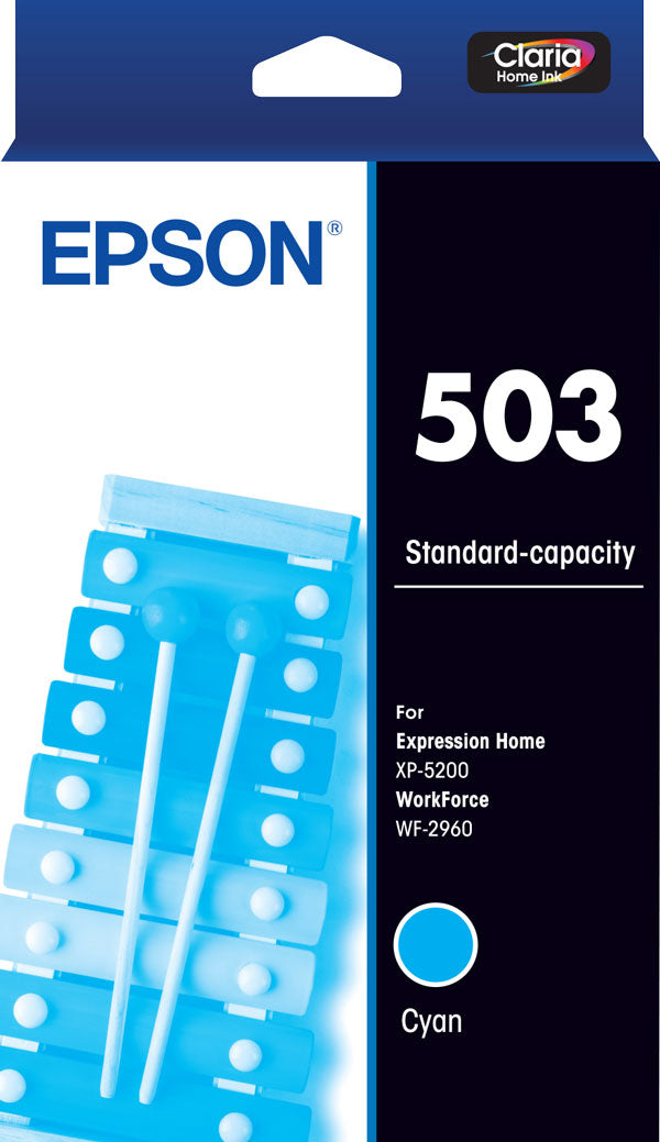 Epson 503 standard-capacity cyan ink cartridge pack with a cyan xylophone illustration, the Claria Home Ink badge, a cyan colour dot and the Expression Home XP-5200 and WorkForce WF-2960 printed on the front