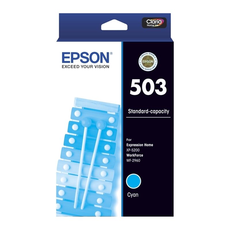 Epson 503 cyan ink cartridge box shown front-on, with 503 and Standard-capacity on the front, the Exceed Your Vision tagline, the round genuine Epson seal, the Claria Home Ink badge and the cyan colour dot