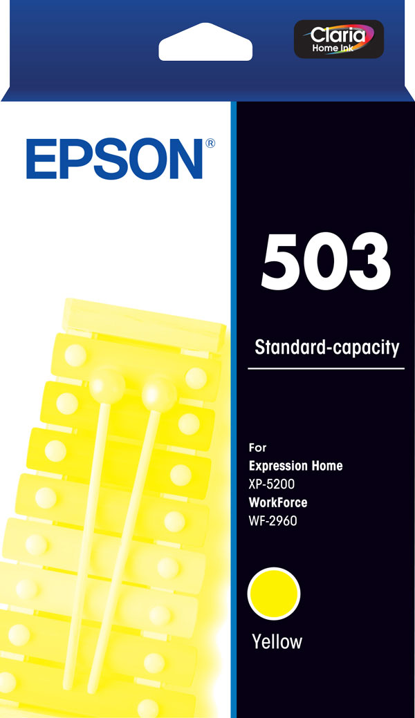 Epson 503 standard-capacity yellow ink cartridge pack with a yellow xylophone illustration, the Claria Home Ink badge, a yellow colour dot and the Expression Home XP-5200 and WorkForce WF-2960 printed on the front