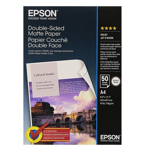 Epson double sided matte inkjet paper A4 178gsm pack of 50 sheets standing upright showing matte white surface