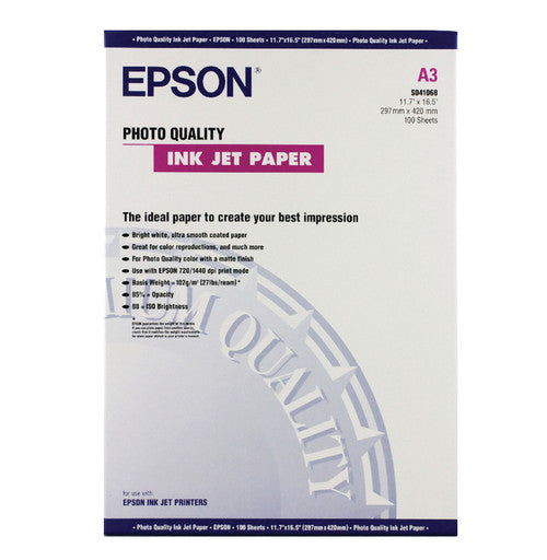 Epson C13S041068 Photo Quality Inkjet Paper A3 102gsm pack of 100 sheets with soft gloss finish