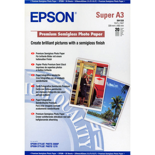 Epson S041328 Premium Semi Gloss Photo Paper 256g/m2 A3+ pack of 20 sheets for pigment and dye ink printers
