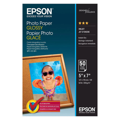 Epson S042545 Glossy Photo Paper 5x7 inch 200gsm pack of 50 sheets on white background