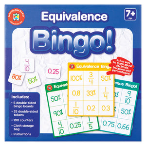 Front packaging artwork for Learning Can Be Fun Equivalence Bingo displaying example equivalence values, colourful bingo boards and game pieces. The packaging emphasises learning fractions, decimals and percentages through fun interactive gameplay for children aged seven years and above.